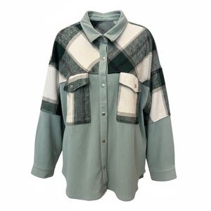 Soft Green & White Plaid Snap-Button Shacket | Chic Button-Up with Pockets